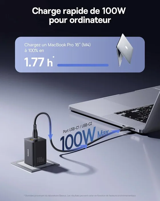 Chargeur USB-C GaN 100 W Baseus, 3 ports, PPS — vue 2