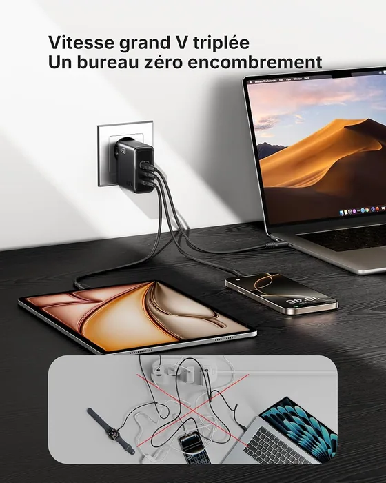 Chargeur USB-C GaN 100 W INIU, 3 ports — vue 2