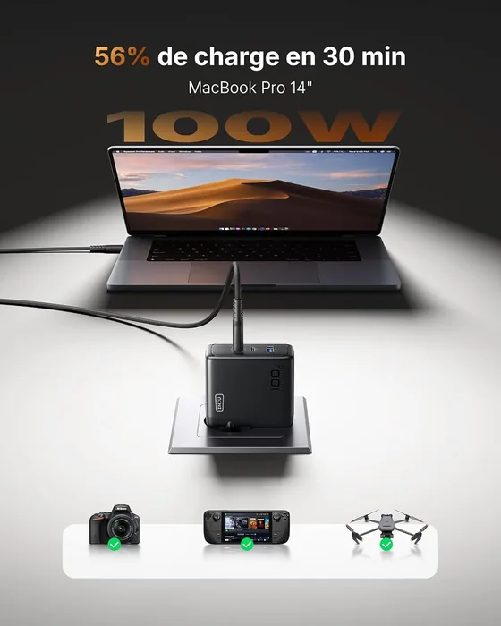 Chargeur USB-C GaN 100 W INIU, 3 ports — vue 3